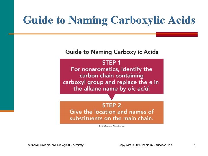 Guide to Naming Carboxylic Acids General, Organic, and Biological Chemistry Copyright © 2010 Pearson