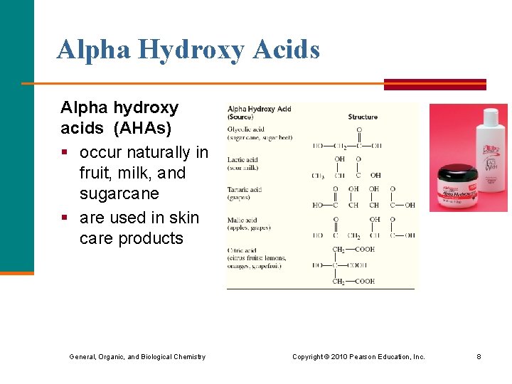 Alpha Hydroxy Acids Alpha hydroxy acids (AHAs) § occur naturally in fruit, milk, and