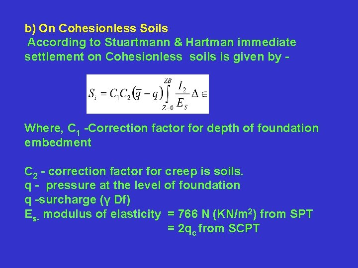  b) On Cohesionless Soils According to Stuartmann & Hartman immediate settlement on Cohesionless