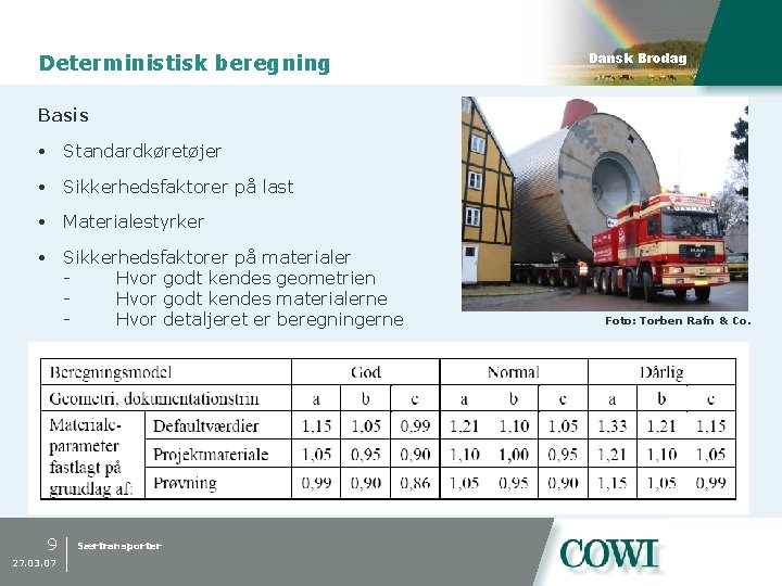 Deterministisk beregning Dansk Brodag Basis Standardkøretøjer Sikkerhedsfaktorer på last Materialestyrker Sikkerhedsfaktorer på materialer Hvor