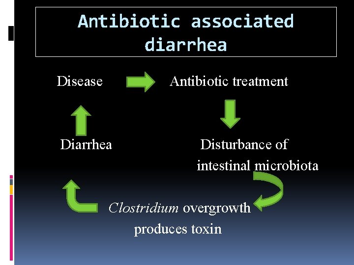 Antibiotic associated diarrhea Disease Antibiotic treatment Diarrhea Disturbance of intestinal microbiota Clostridium overgrowth produces