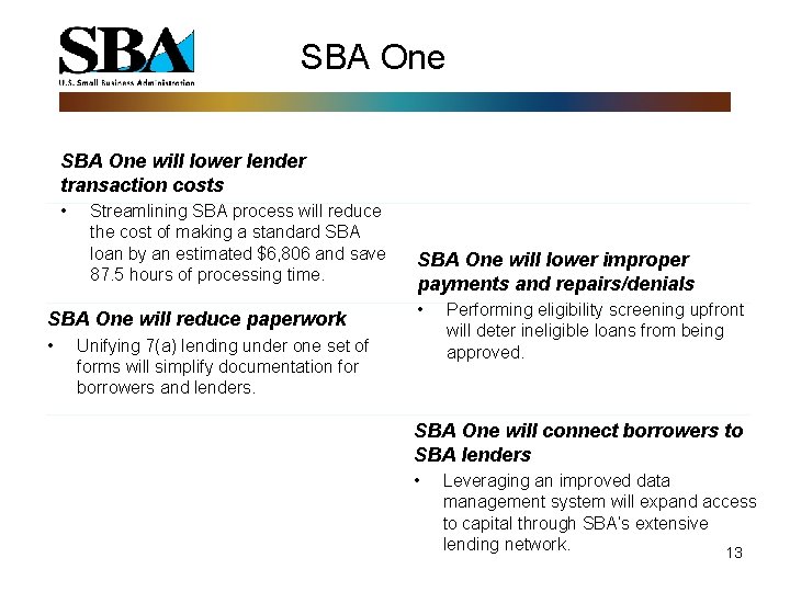 SBA One will lower lender transaction costs • Streamlining SBA process will reduce the