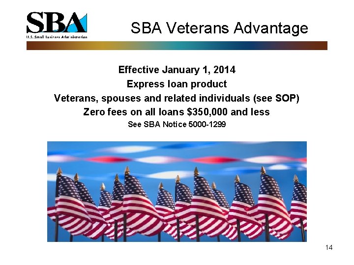SBA Veterans Advantage Effective January 1, 2014 Express loan product Veterans, spouses and related