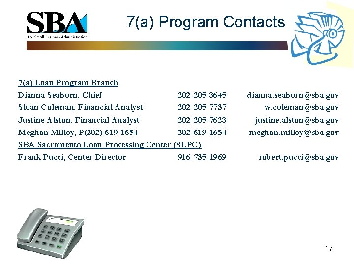  7(a) Program Contacts 7(a) Loan Program Branch Dianna Seaborn, Chief 202 -205 -3645