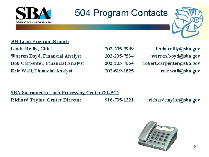  504 Program Contacts 504 Loan Program Branch Linda Reilly, Chief Warren Boyd, Financial