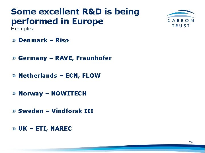 Some excellent R&D is being performed in Europe Examples Denmark – Risø Germany –