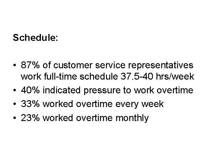 Schedule: • 87% of customer service representatives work full-time schedule 37. 5 -40 hrs/week