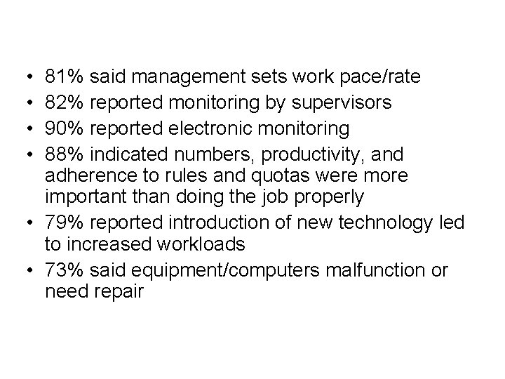  • • 81% said management sets work pace/rate 82% reported monitoring by supervisors