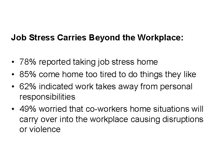 Job Stress Carries Beyond the Workplace: • 78% reported taking job stress home •
