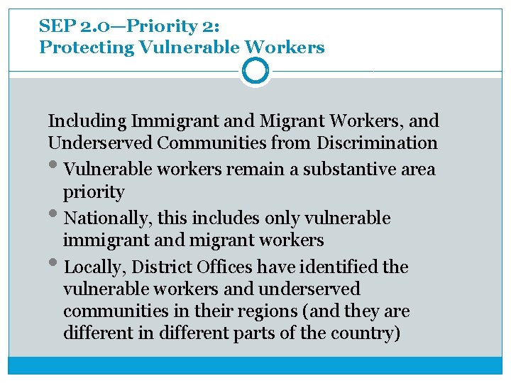 SEP 2. 0—Priority 2: Protecting Vulnerable Workers Including Immigrant and Migrant Workers, and Underserved SEP 2. 0—Priority 2: Protecting Vulnerable Workers Including Immigrant and Migrant Workers, and Underserved