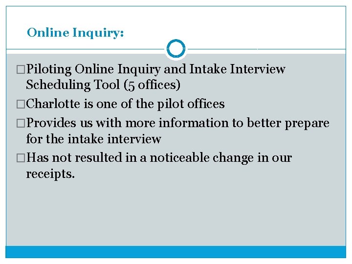 Online Inquiry: �Piloting Online Inquiry and Intake Interview Scheduling Tool (5 offices) �Charlotte is