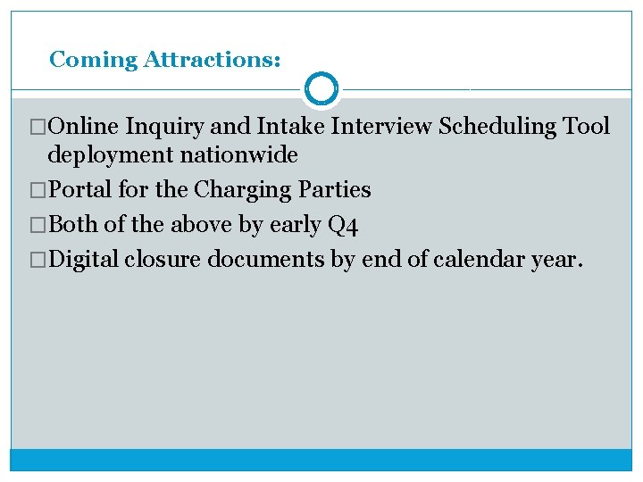 Coming Attractions: �Online Inquiry and Intake Interview Scheduling Tool deployment nationwide �Portal for the Coming Attractions: �Online Inquiry and Intake Interview Scheduling Tool deployment nationwide �Portal for the