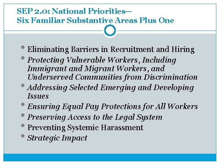 SEP 2. 0: National Priorities— Six Familiar Substantive Areas Plus One • Eliminating Barriers