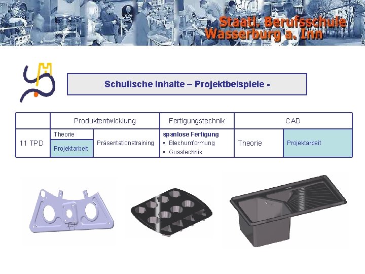 Schulische Inhalte – Projektbeispiele - Produktentwicklung Theorie 11 TPD Projektarbeit Präsentationstraining Fertigungstechnik spanlose Fertigung