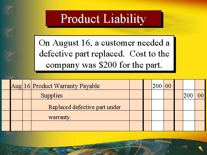 Product Liability On August 16, a customer needed a defective part replaced. Cost to