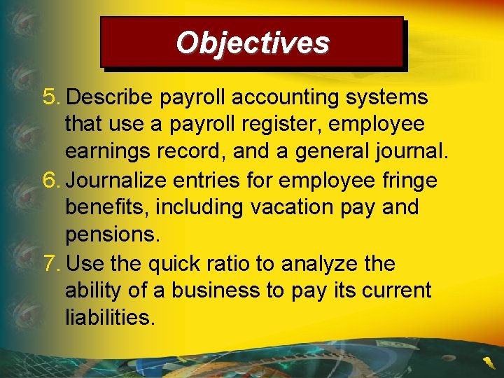 Objectives 5. Describe payroll accounting systems that use a payroll register, employee earnings record,