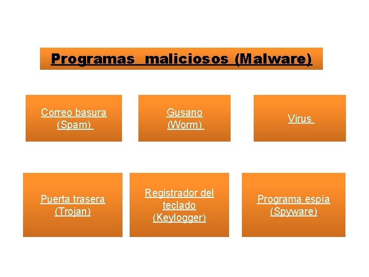 Programas maliciosos (Malware) Correo basura (Spam) Puerta trasera (Trojan) Gusano (Worm) Registrador del teclado