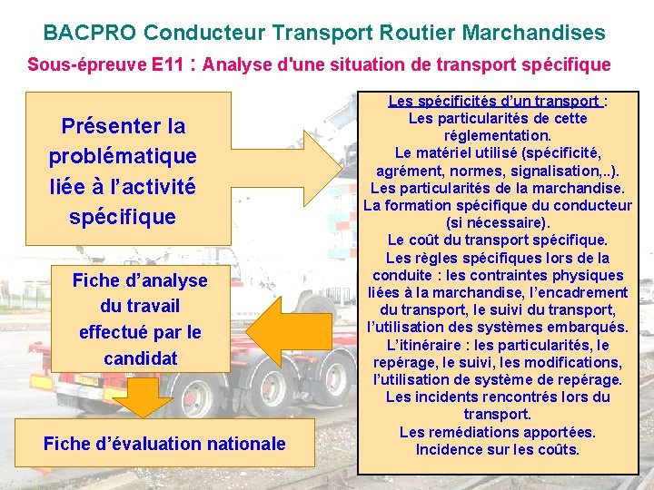 BACPRO Conducteur Transport Routier Marchandises Sous-épreuve E 11 : Analyse d'une situation de transport