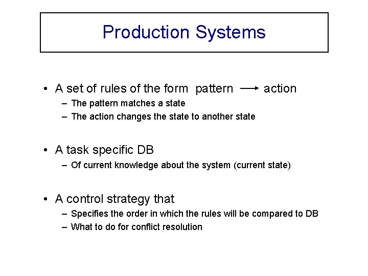 Production Systems • A set of rules of the form pattern action – The