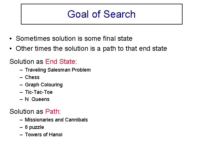 Goal of Search • Sometimes solution is some final state • Other times the