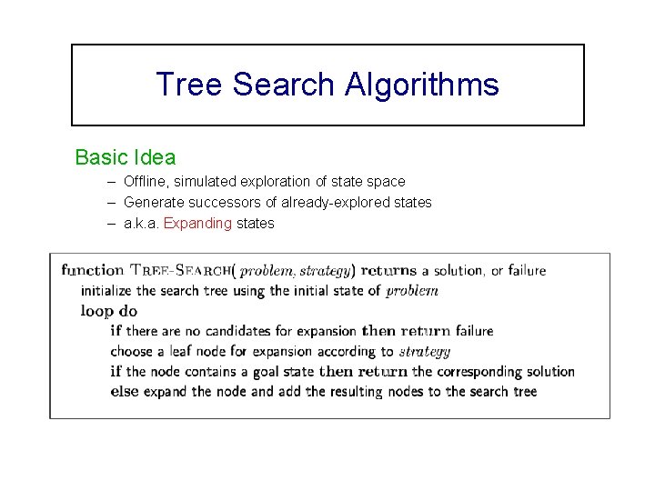 Tree Search Algorithms Basic Idea – Offline, simulated exploration of state space – Generate