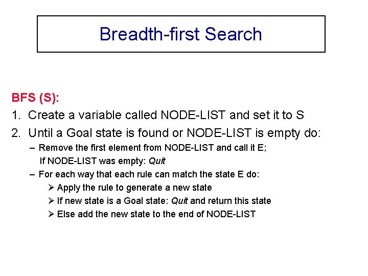 Breadth-first Search BFS (S): 1. Create a variable called NODE-LIST and set it to