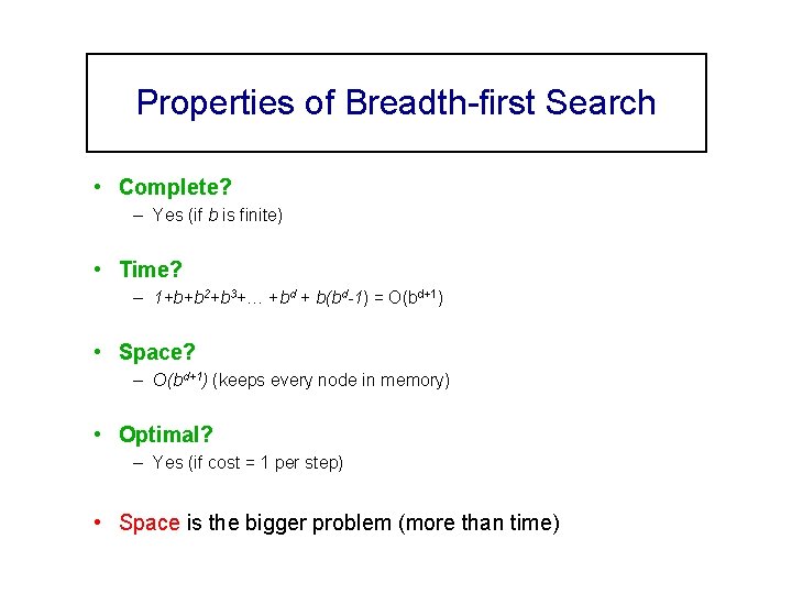 Properties of Breadth-first Search • Complete? – Yes (if b is finite) • Time?