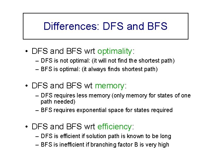 Differences: DFS and BFS • DFS and BFS wrt optimality: – DFS is not