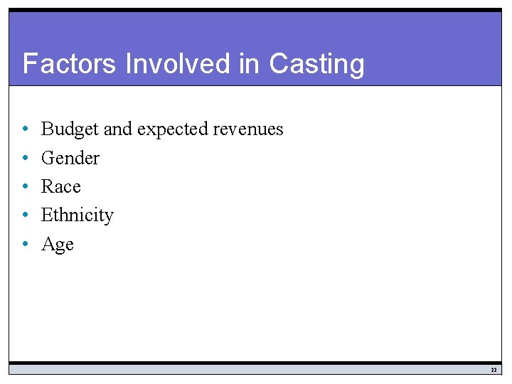 Factors Involved in Casting • • • Budget and expected revenues Gender Race Ethnicity