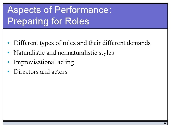 Aspects of Performance: Preparing for Roles • • Different types of roles and their