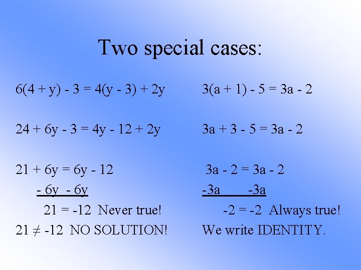 Two special cases: 6(4 + y) - 3 = 4(y - 3) + 2