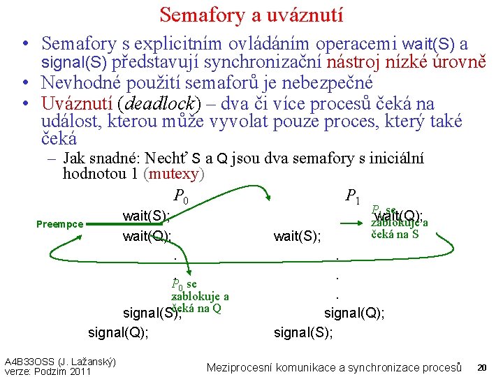 Semafory a uváznutí • Semafory s explicitním ovládáním operacemi wait(S) a signal(S) představují synchronizační