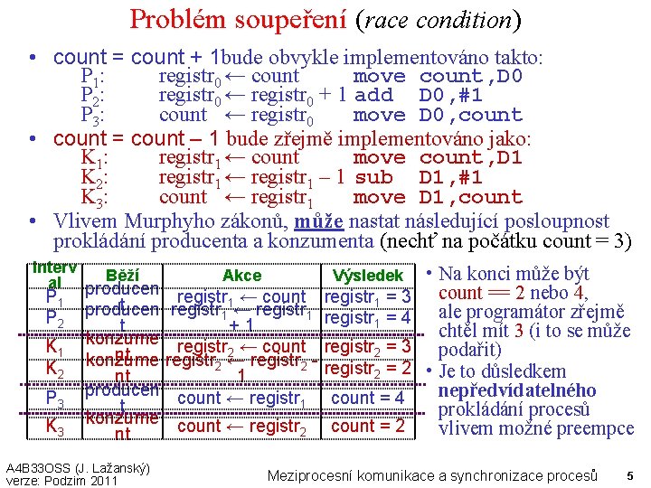 Problém soupeření (race condition) • count = count + 1 bude obvykle implementováno takto: