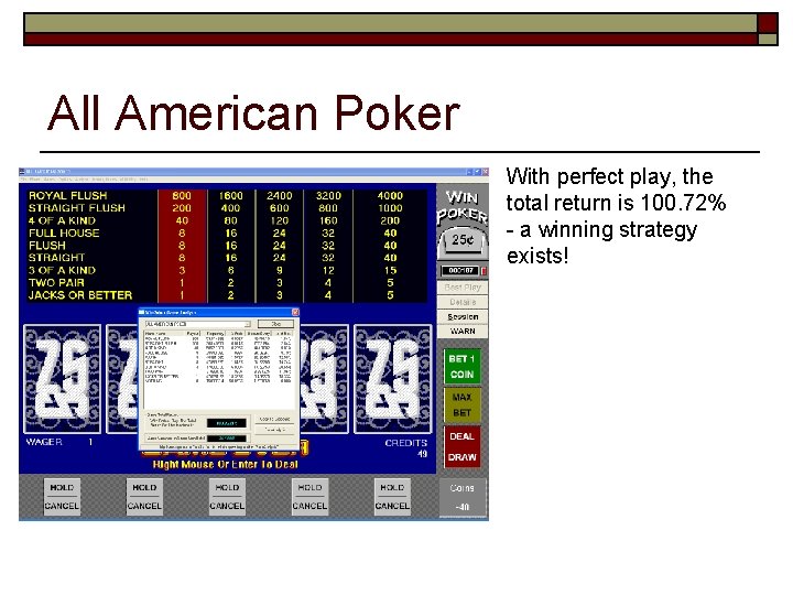 All American Poker With perfect play, the total return is 100. 72% - a