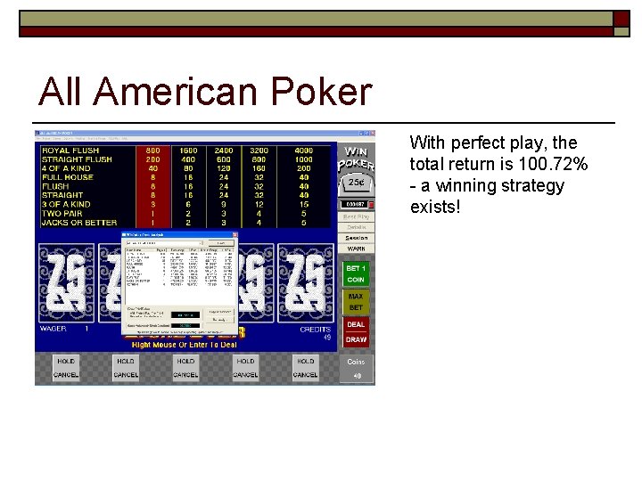 All American Poker With perfect play, the total return is 100. 72% - a