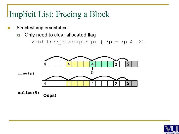 Implicit List: Freeing a Block n Simplest implementation: q Only need to clear allocated