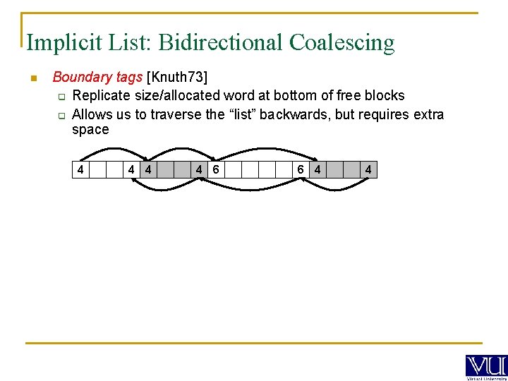 Implicit List: Bidirectional Coalescing n Boundary tags [Knuth 73] q Replicate size/allocated word at