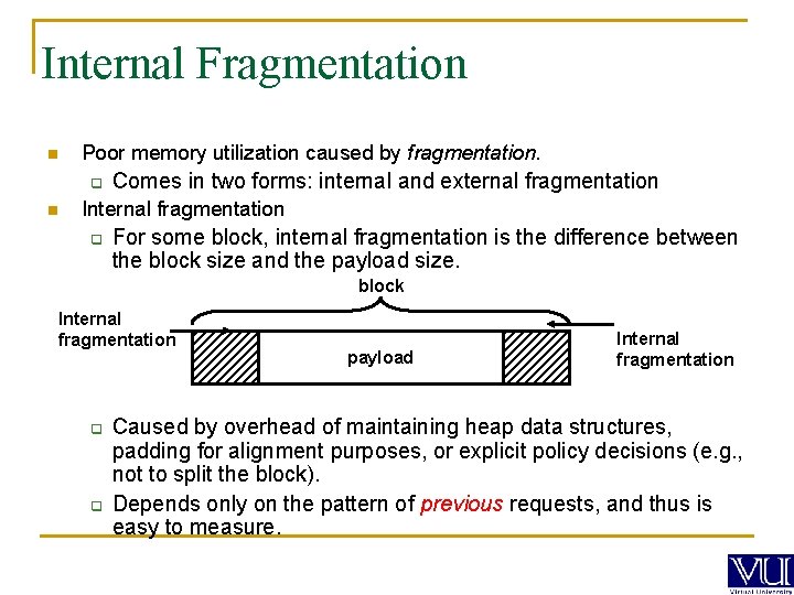 Internal Fragmentation n Poor memory utilization caused by fragmentation. q n Comes in two