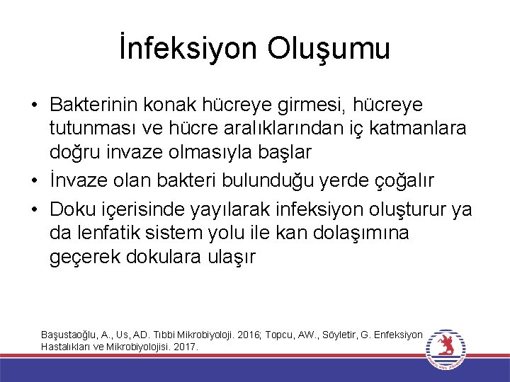 İnfeksiyon Oluşumu • Bakterinin konak hücreye girmesi, hücreye tutunması ve hücre aralıklarından iç katmanlara