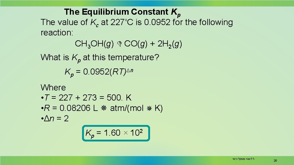 The Equilibrium Constant Kp The value of Kc at 227ₒC is 0. 0952 for