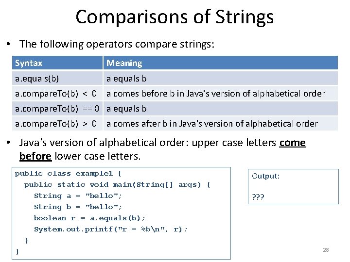 Comparisons of Strings • The following operators compare strings: Syntax Meaning a. equals(b) a