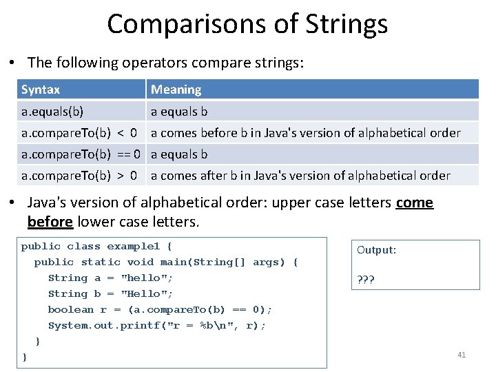 Comparisons of Strings • The following operators compare strings: Syntax Meaning a. equals(b) a