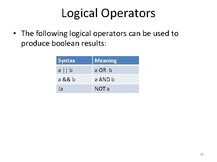 Logical Operators • The following logical operators can be used to produce boolean results: