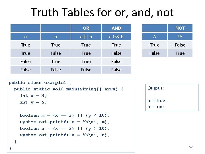 Truth Tables for or, and, not OR AND NOT a b a || b