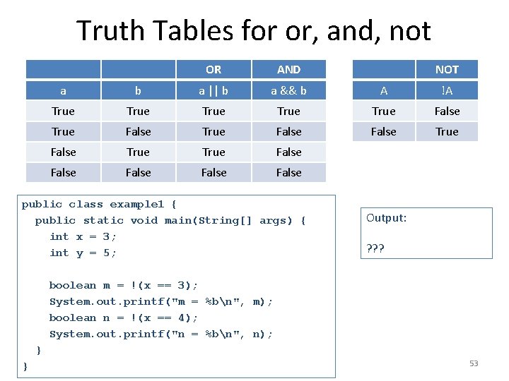 Truth Tables for or, and, not OR AND NOT a b a || b