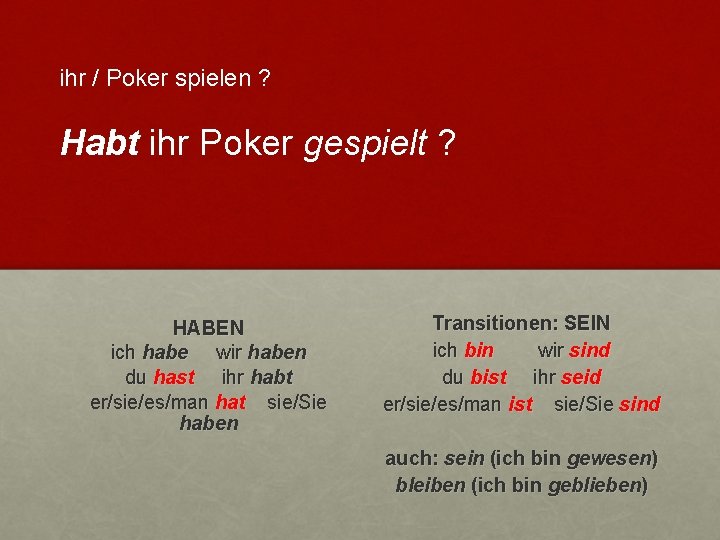 ihr / Poker spielen ? Habt ihr Poker gespielt ? HABEN ich habe wir