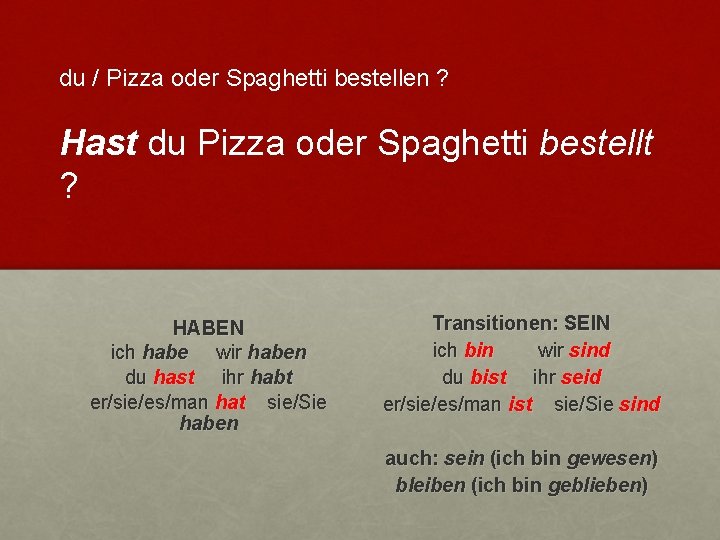 du / Pizza oder Spaghetti bestellen ? Hast du Pizza oder Spaghetti bestellt ?