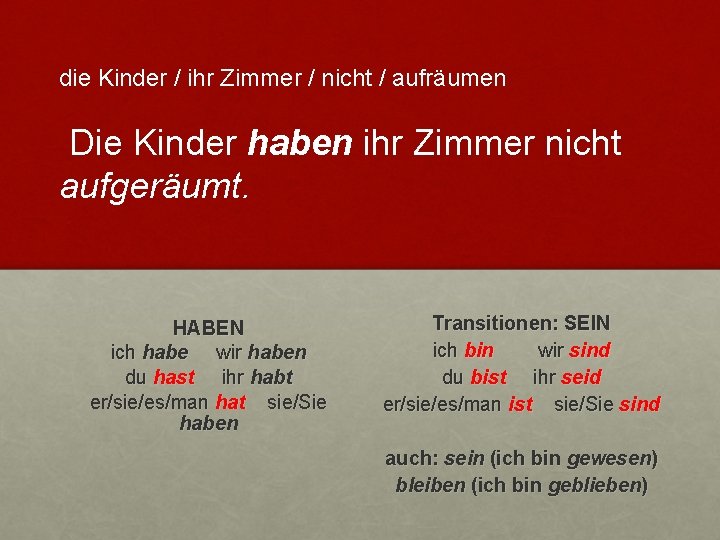 die Kinder / ihr Zimmer / nicht / aufräumen Die Kinder haben ihr Zimmer