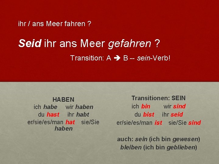 ihr / ans Meer fahren ? Seid ihr ans Meer gefahren ? Transition: A