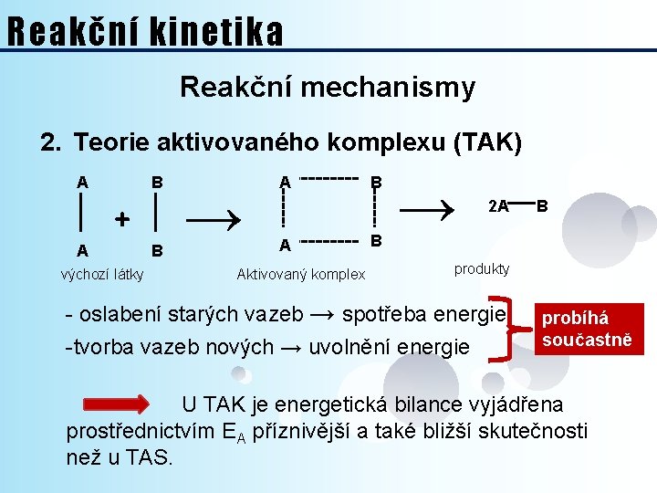 Reakční kinetika Reakční mechanismy 2. Teorie aktivovaného komplexu (TAK) A A + výchozí látky